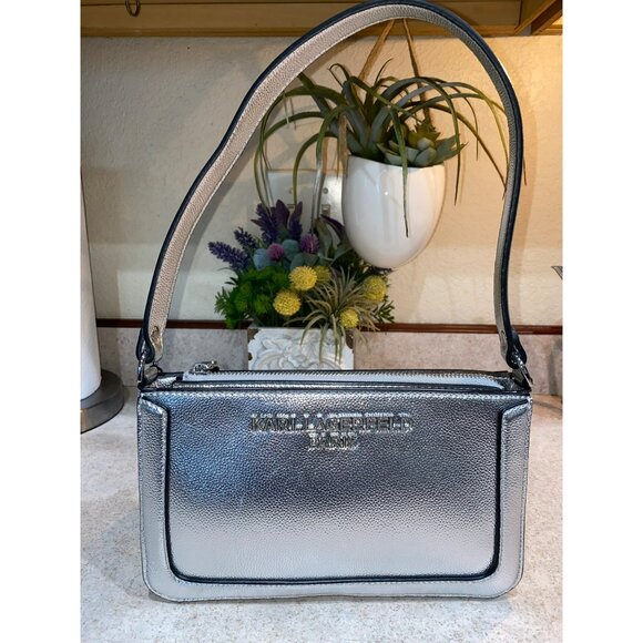 NWT Karl Lagerfeld Paris Silver Leather Shoulder Bag With Zipper Closure - Picture 1 of 10
